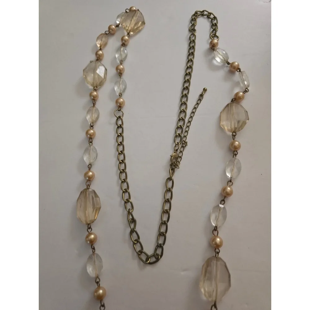 Champagne Faceted Bead Long Station Necklace Brass Tone long length